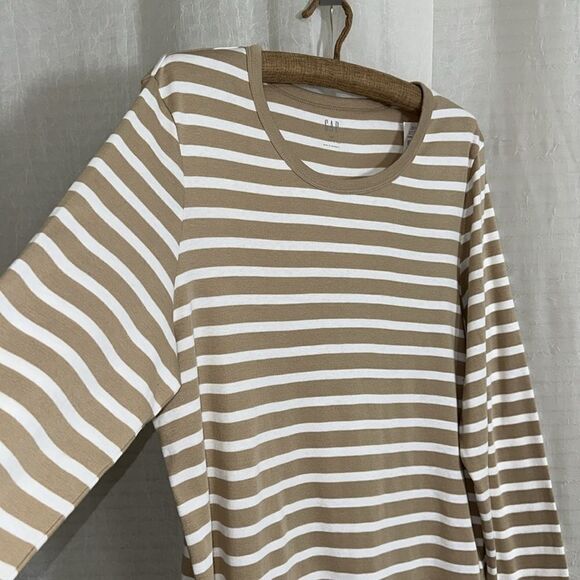 GAP XXL Tan White Cotton Modal Horizontal Striped Favorite Long Sleeve Crew Tee - Picture 7 of 12